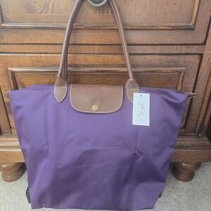 Longchamp Tote in Rich Purple with Brown Handle
